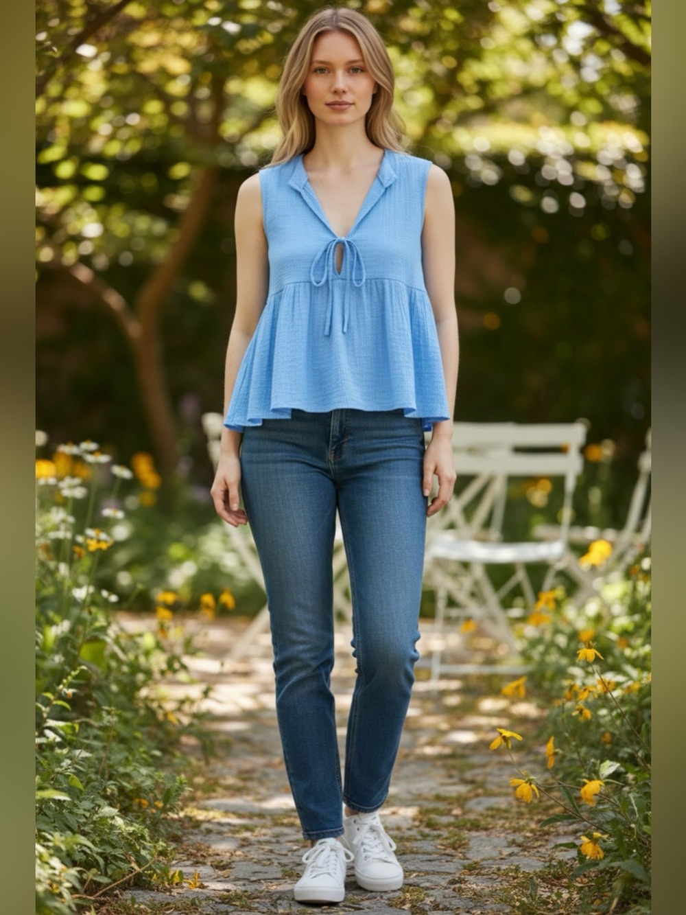 Elan Women's XS Blue Solid 100% Cotton Sleeveless Split Neck Tie Tank Top NWT